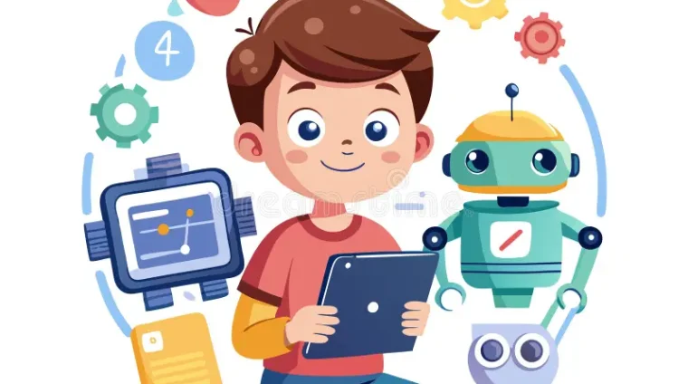 boy-tablet-coding-robots-learning-robotics-tech-education-kids-cartoon-illustration-showing-interacting-related-376155204
